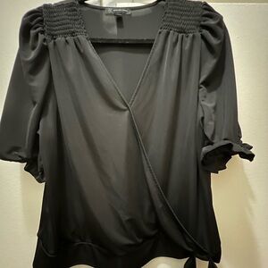 INC International Concepts Black Puff Sleeve Wrap Blouse